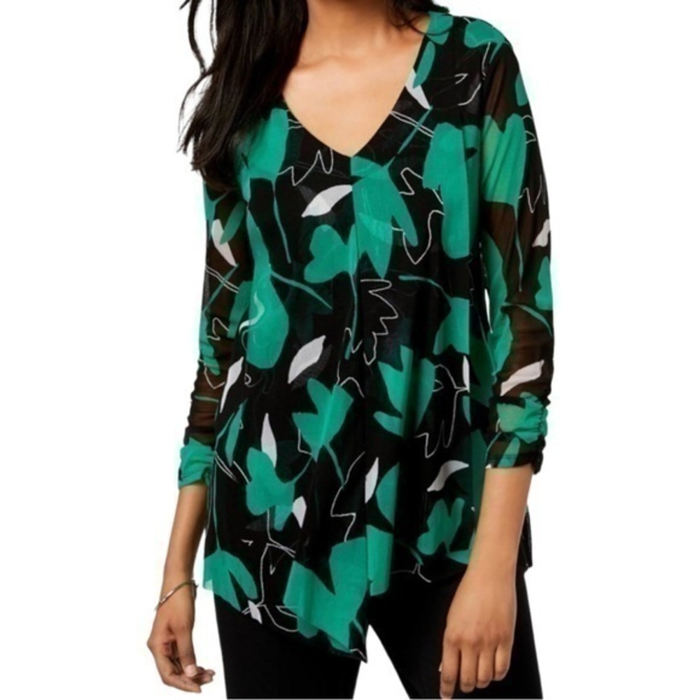 ALFANI Top Asymmetrical Hemline Sheer Sleeve Drape Front Blouse Nylon V Neck